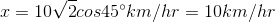 x=10\sqrt{2} cos45^{\circ}km/hr=10km/hr