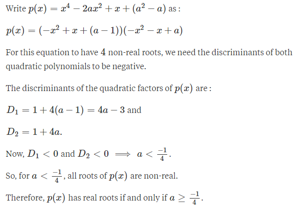 Complete set of real values of `a` for which the equation x^4 - 2ax^2 ...