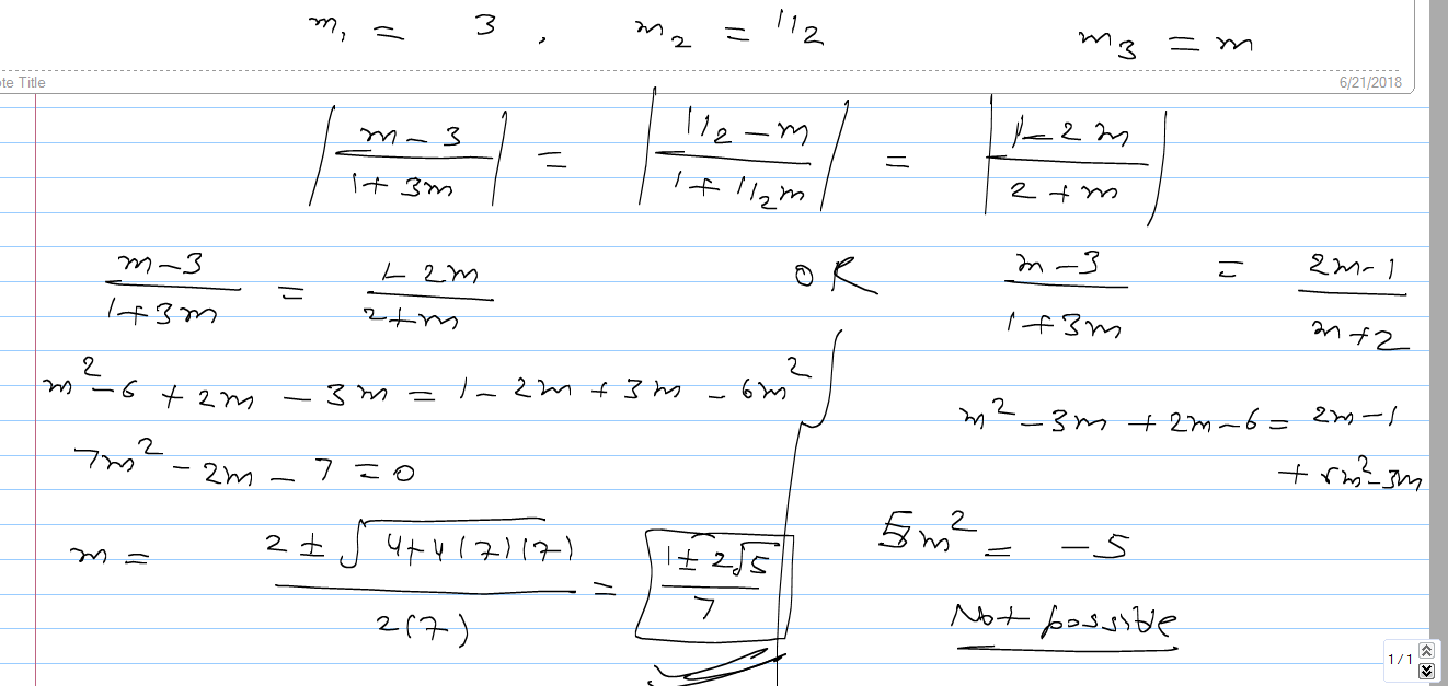 If linrl y=3x+1 and2y=X+3 are equally inclined to line y=mx+4 find va