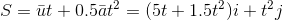 \bas{S} = \bar{u}t + 0.5\bar{a}t^2 = (5t + 1.5t^2)i + t^2j