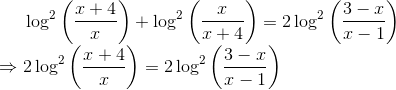 \log ^{ 2 }{ \left( \frac { x+4 }{ x } \right) }+\log ^{ 2 }{ \left( \frac { x }{ x+4 } \right) }=2\log ^{ 2 }\left( { \frac { 3-x }{ x-1 } } \right) \\ \Rightarrow 2\log ^{ 2 }{ \left( \frac { x+4 }{ x } \right) }=2\log ^{ 2 }\left( { \frac { 3-x }{ x-1 } } \right)