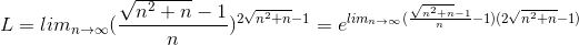 L = lim_{n \rightarrow \infty}(\frac{\sqrt{n^2+n} -1}{n})^{2\sqrt{n^2+n}-1} = e^{lim_{n \rightarrow \infty}(\frac{\sqrt{n^2+n} -1}{n} - 1)({2\sqrt{n^2+n}-1)}}