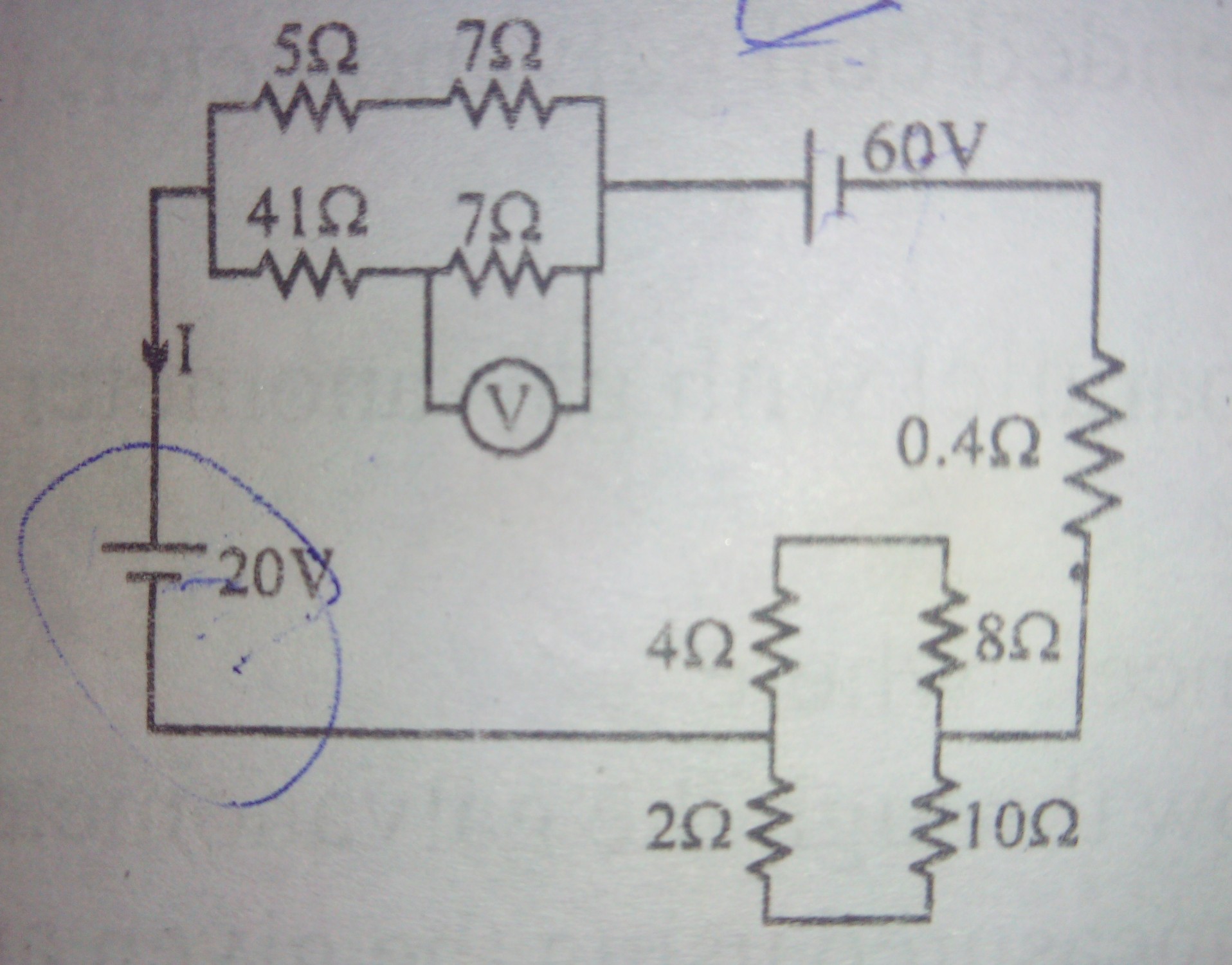 Question image for Find the current I and voltage V in circuit shown