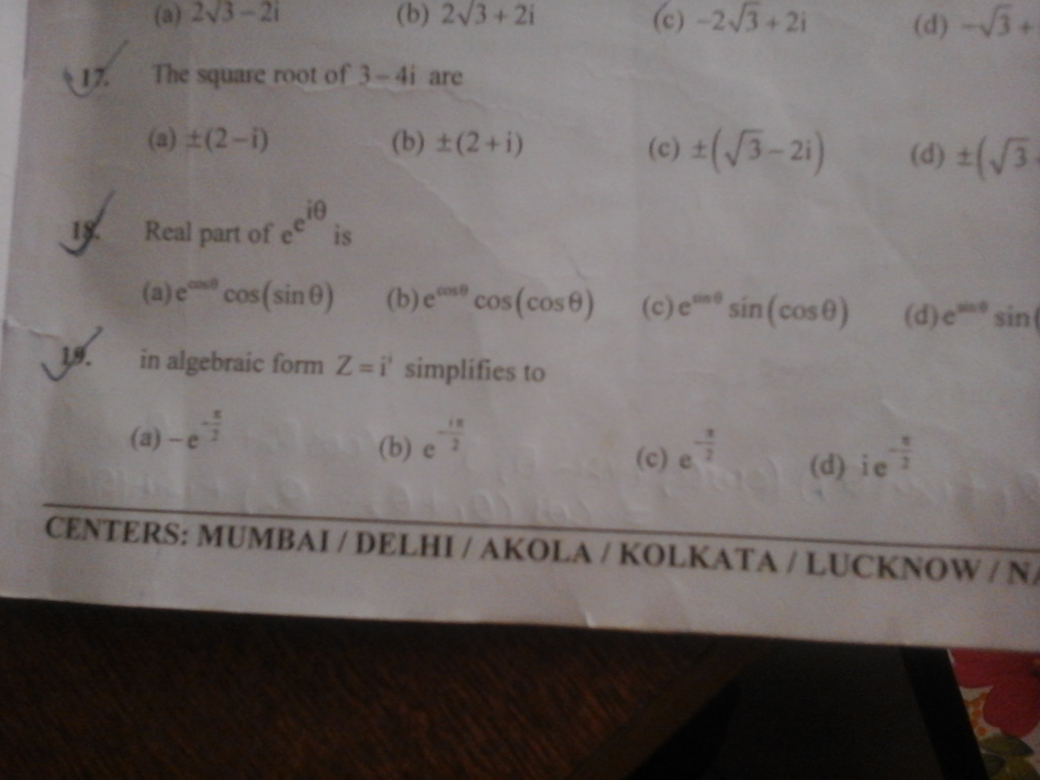 Question image for Complex Numbers Please answer question no 19 in t