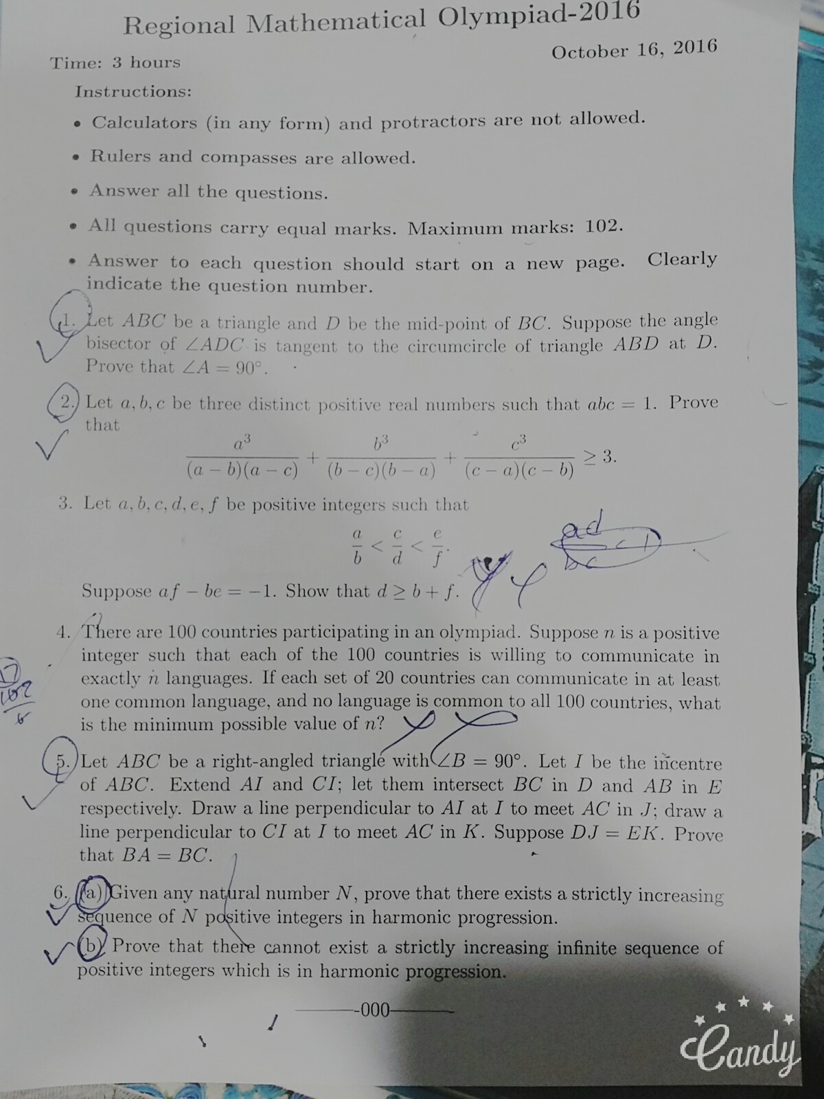 Question image for please solve 1,2,5,6 Questions these are from RMO