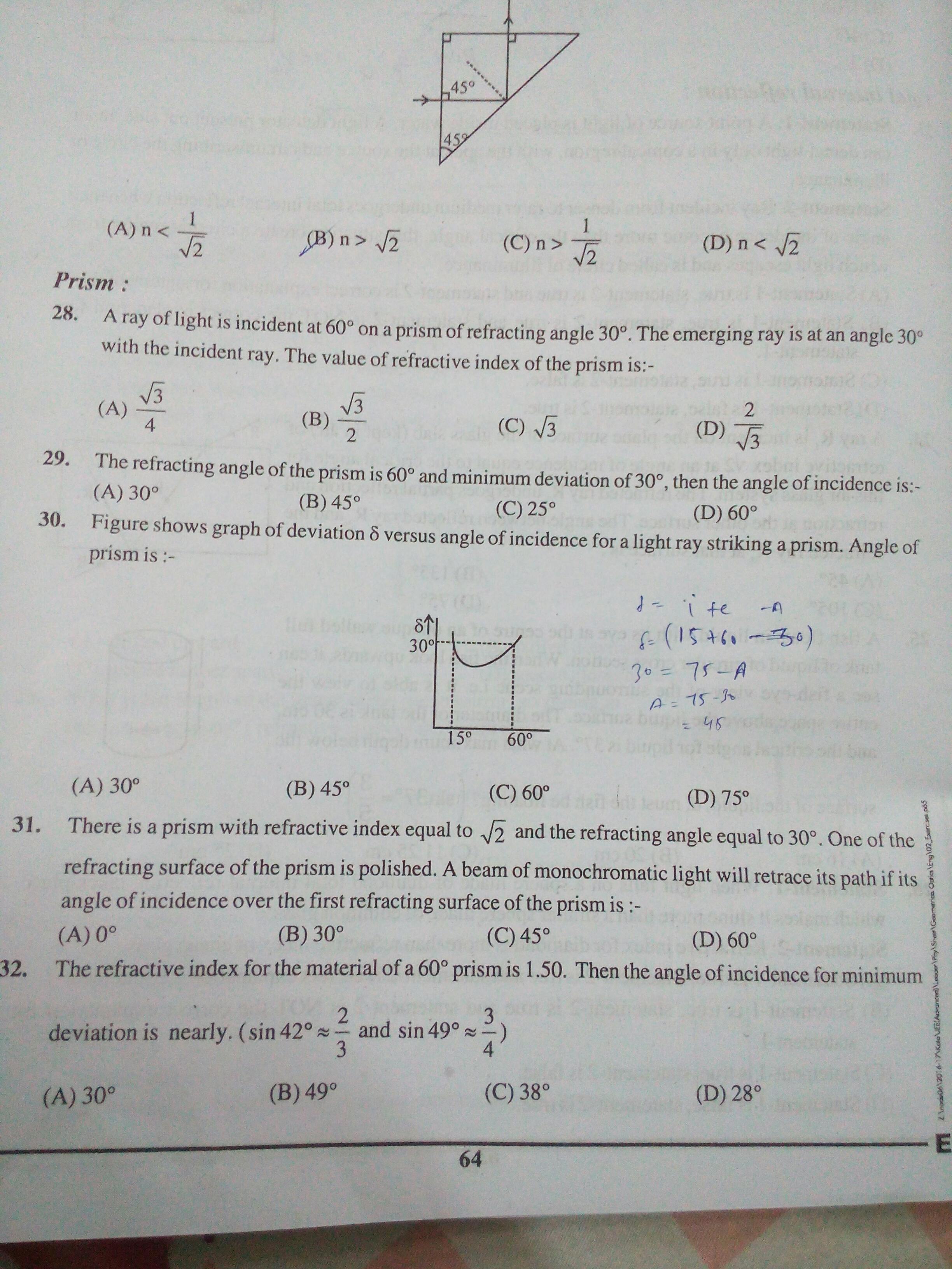 Question image for howt to solve problem no. 32 Q:The refractive ind