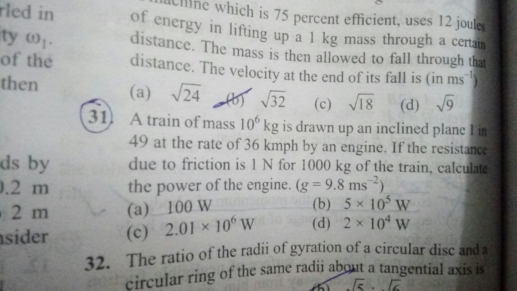 Question image for A train of mass 1000000kg is drawn by an engine up