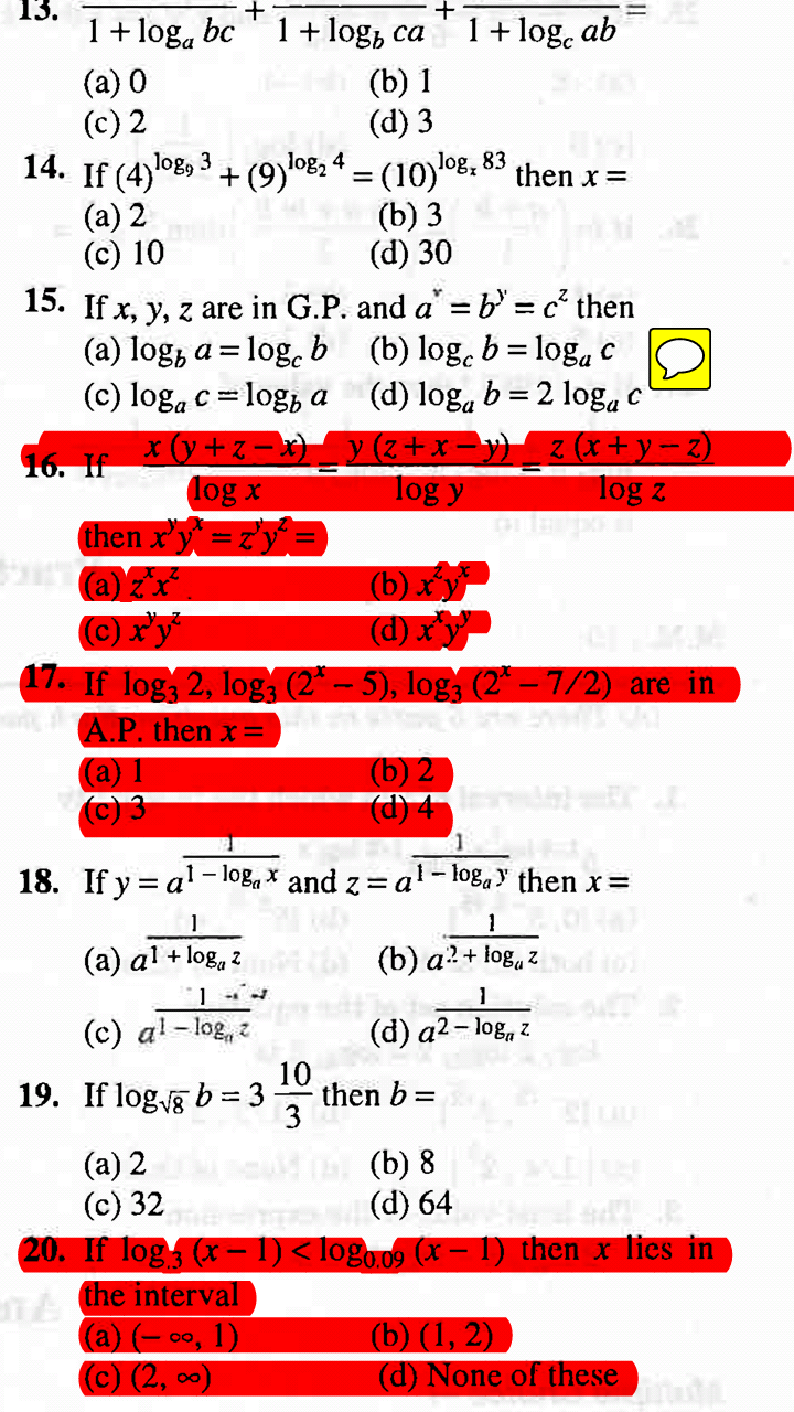 Question image for Can you solve questions 6,7,12,14,17,20 of logarit