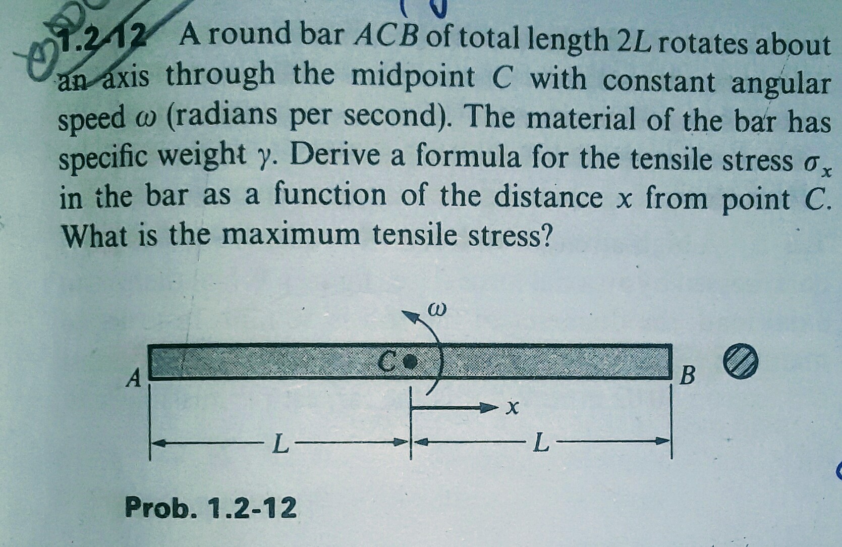 Question image for A round bar of total length 2L rotates about an ax