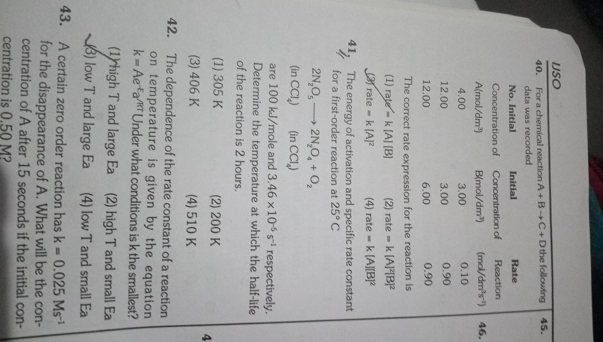 Question image for The energy of activation and specific rate const f