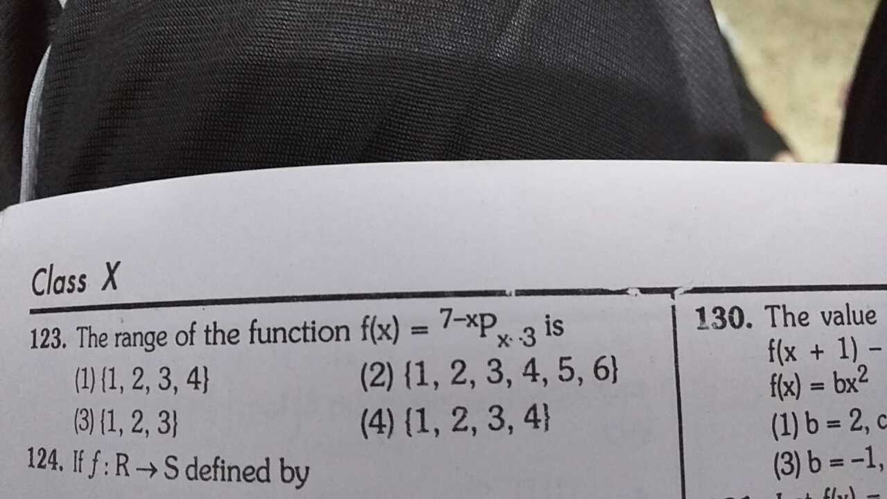 Question image for What is the range of the functionP(7-x ,x-3)1) {1,