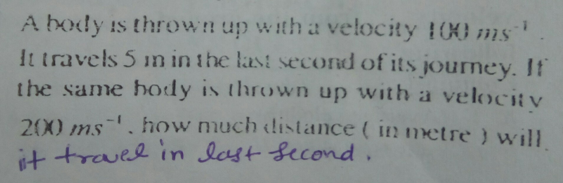 Question image for A body is thrown up with a velocity 100 M per seco