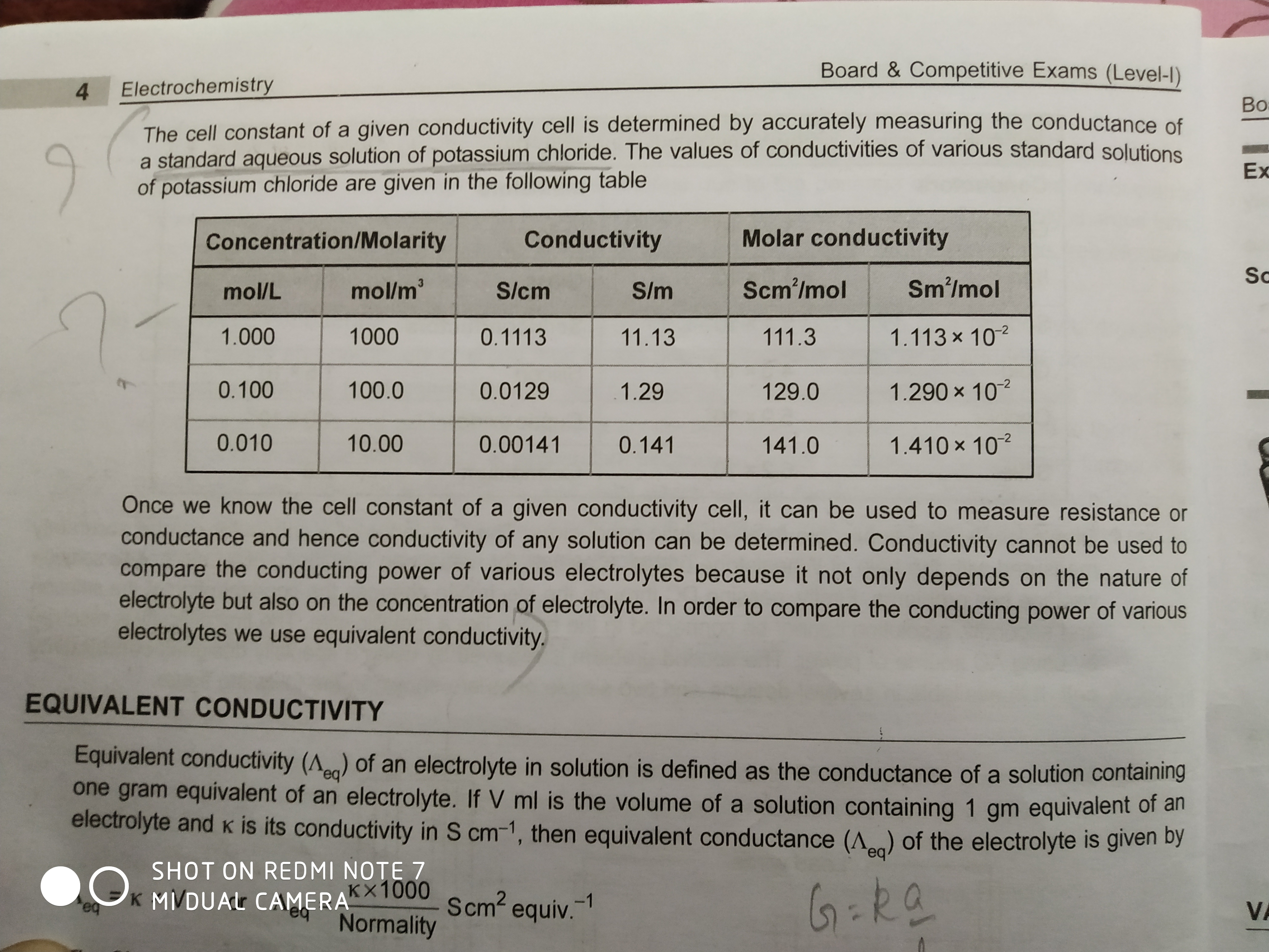 How is the cell constant of a given conductivity cell determined by u