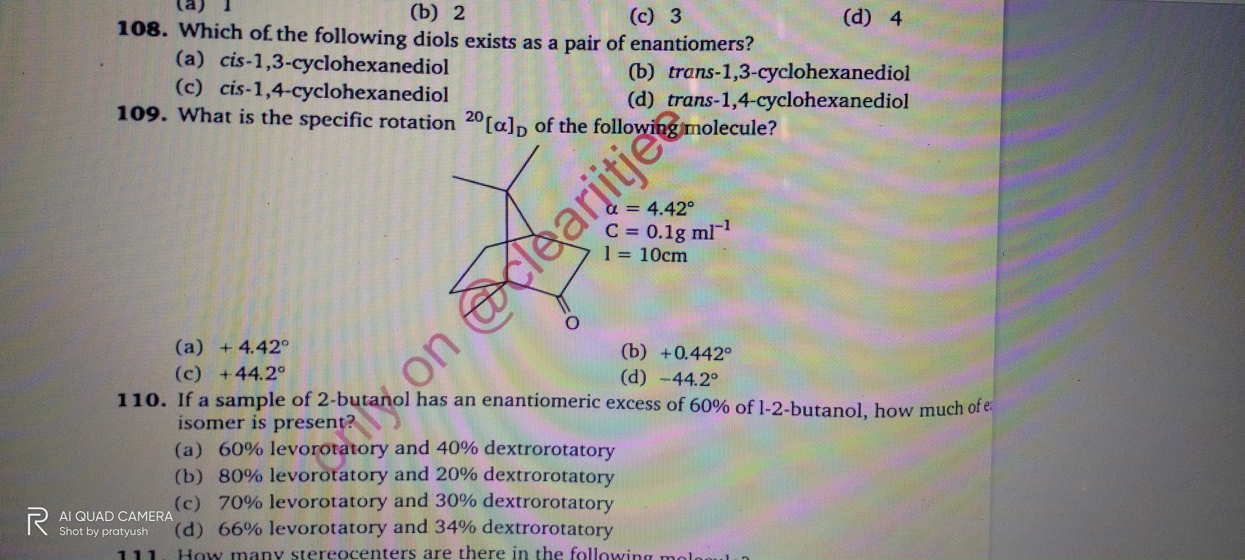 Question image for What is the specific rotation of the 20[alph]D of