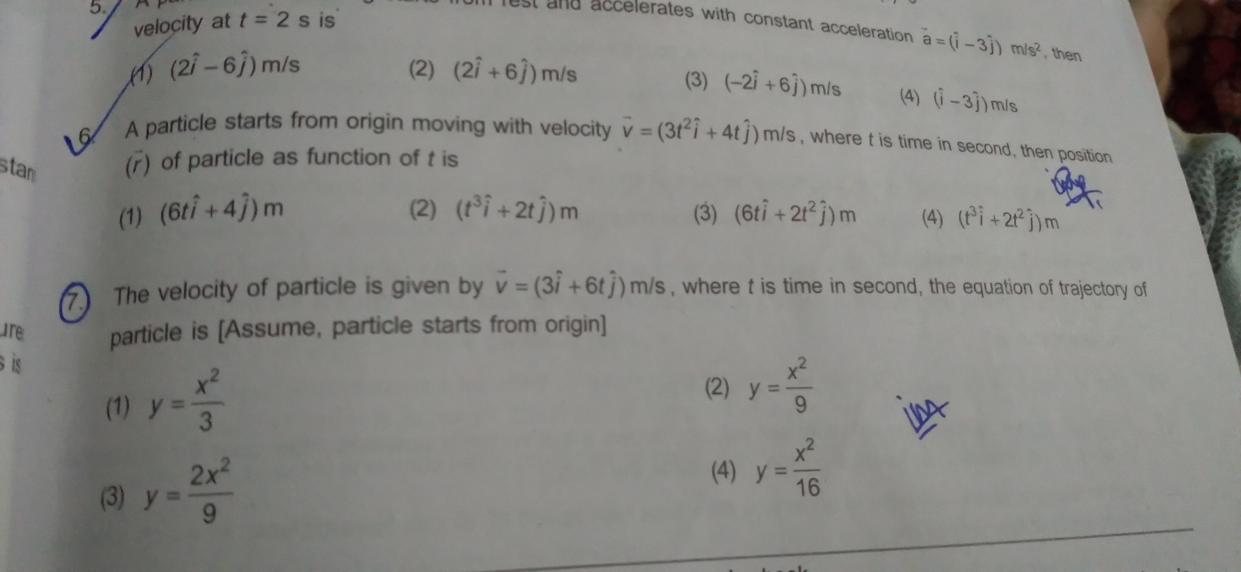 Question image for The velocity of particle is given by v=(3i+6tj)m/